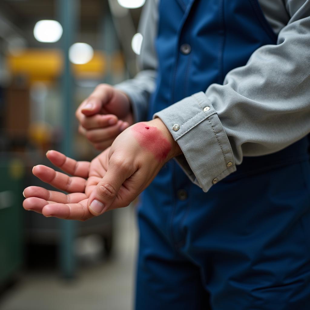 Arbeitsplatz Unfall Leverkusen: Ein Mitarbeiter hält sich die verletzte Hand.