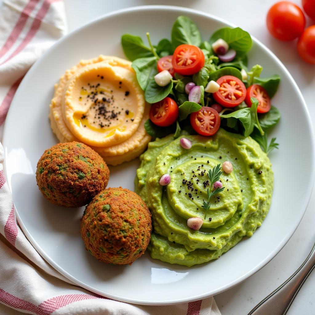 Ein Teller mit Falafel, Salat und Hummus.