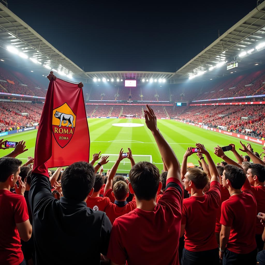 Fans von AS Roma und Bayer Leverkusen im Stadion