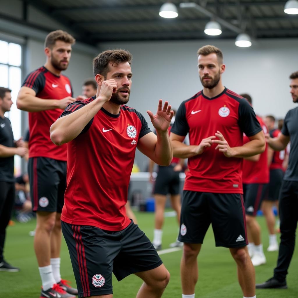 Athletiktraining bei Bayer Leverkusen: Spieler absolvieren Krafttraining.