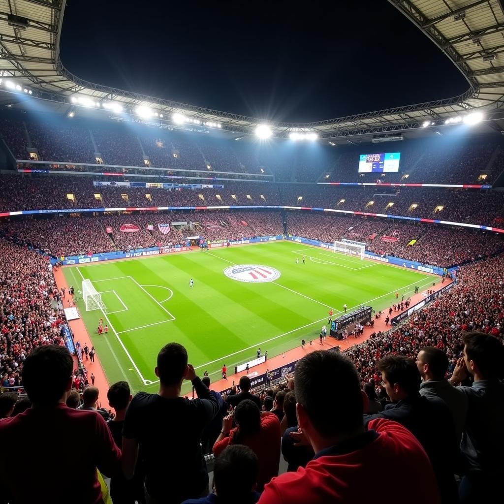 Die elektrisierende Atmosphäre im Vicente Calderón Stadion während des Achtelfinal-Rückspiels der Champions League 2015 zwischen Atletico Madrid und Bayer Leverkusen.