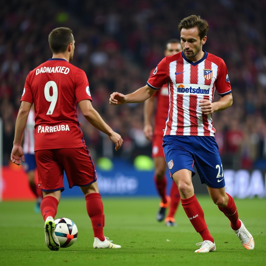 Spieler von Bayer Leverkusen und Atletico Madrid unter Hochspannung während des Elfmeterschießens im Champions-League-Achtelfinale 2015.