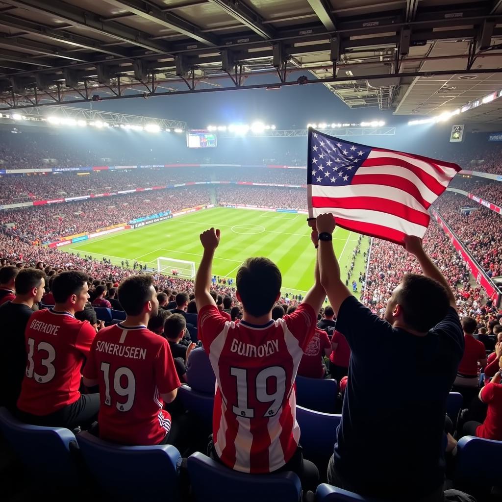 Fans von Atletico Madrid und Bayer Leverkusen im Stadion