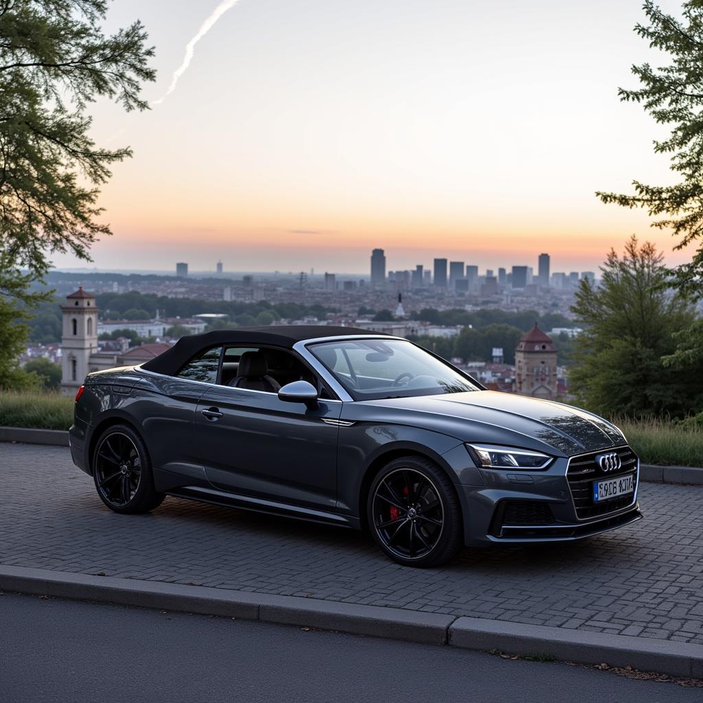 Audi A5 Cabrio in Leverkusen mit Stadtansicht im Hintergrund