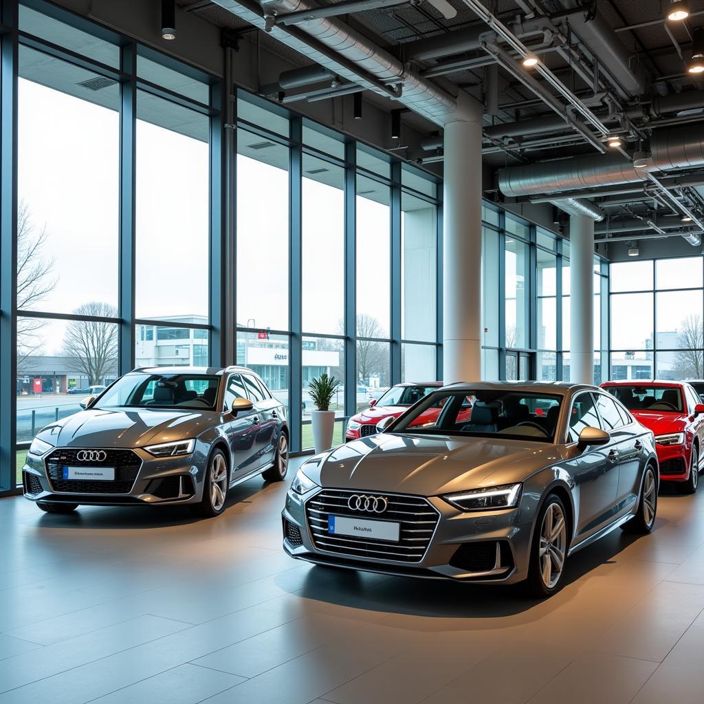 Innenansicht des Audi Haus Leverkusen Showrooms mit verschiedenen Audi Modellen.