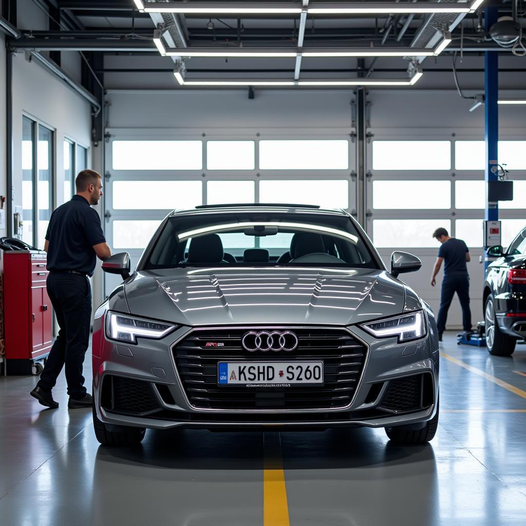 Moderne Werkstatt im Audi Haus Leverkusen mit Mechanikern, die an einem Audi arbeiten.