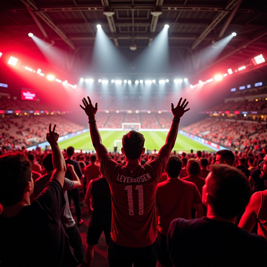 Audio Leverkusen:  Die energiegeladene Atmosphäre im Stadion mit Fangesängen.