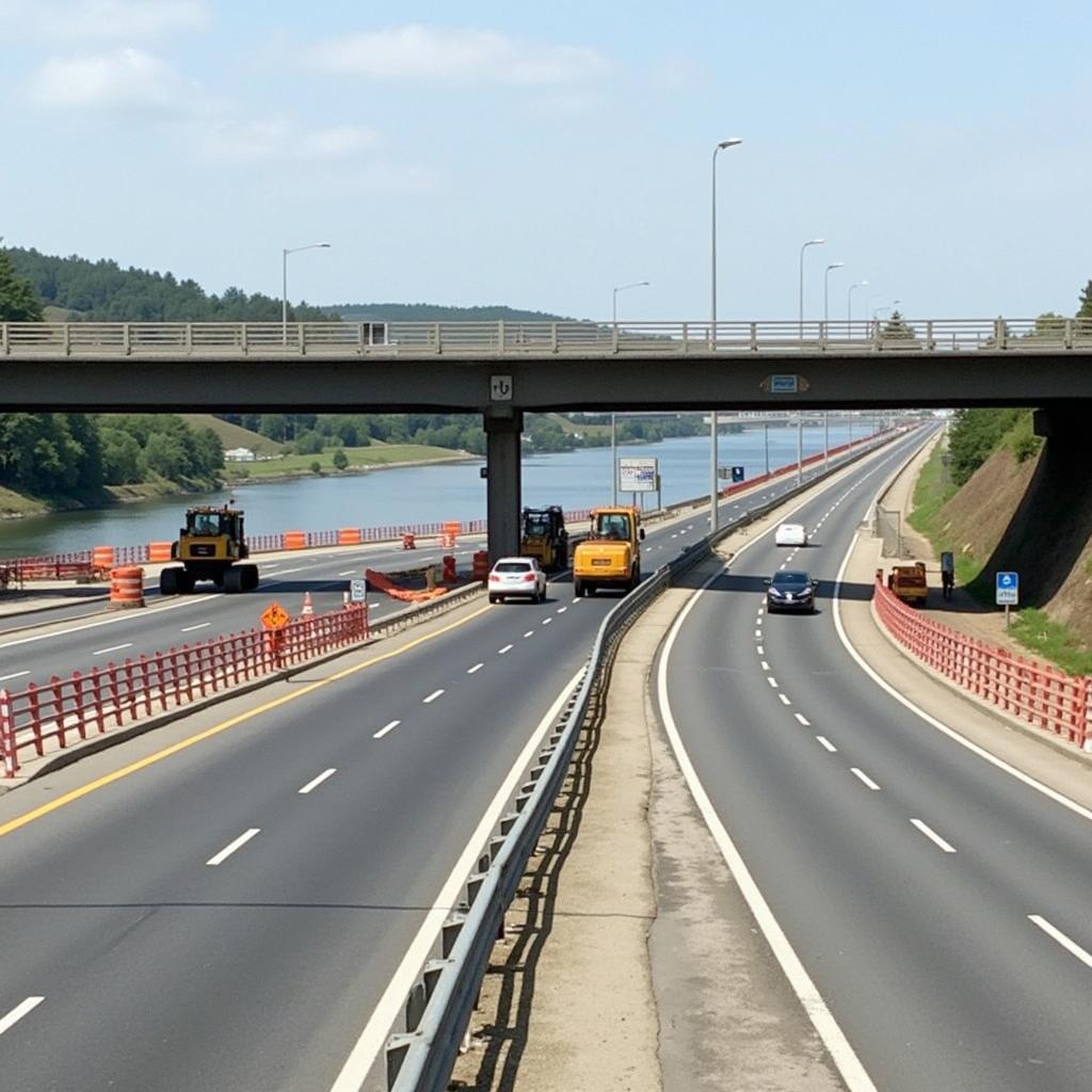 Baustelle auf der Auffahrt zur Leverkusener Brücke