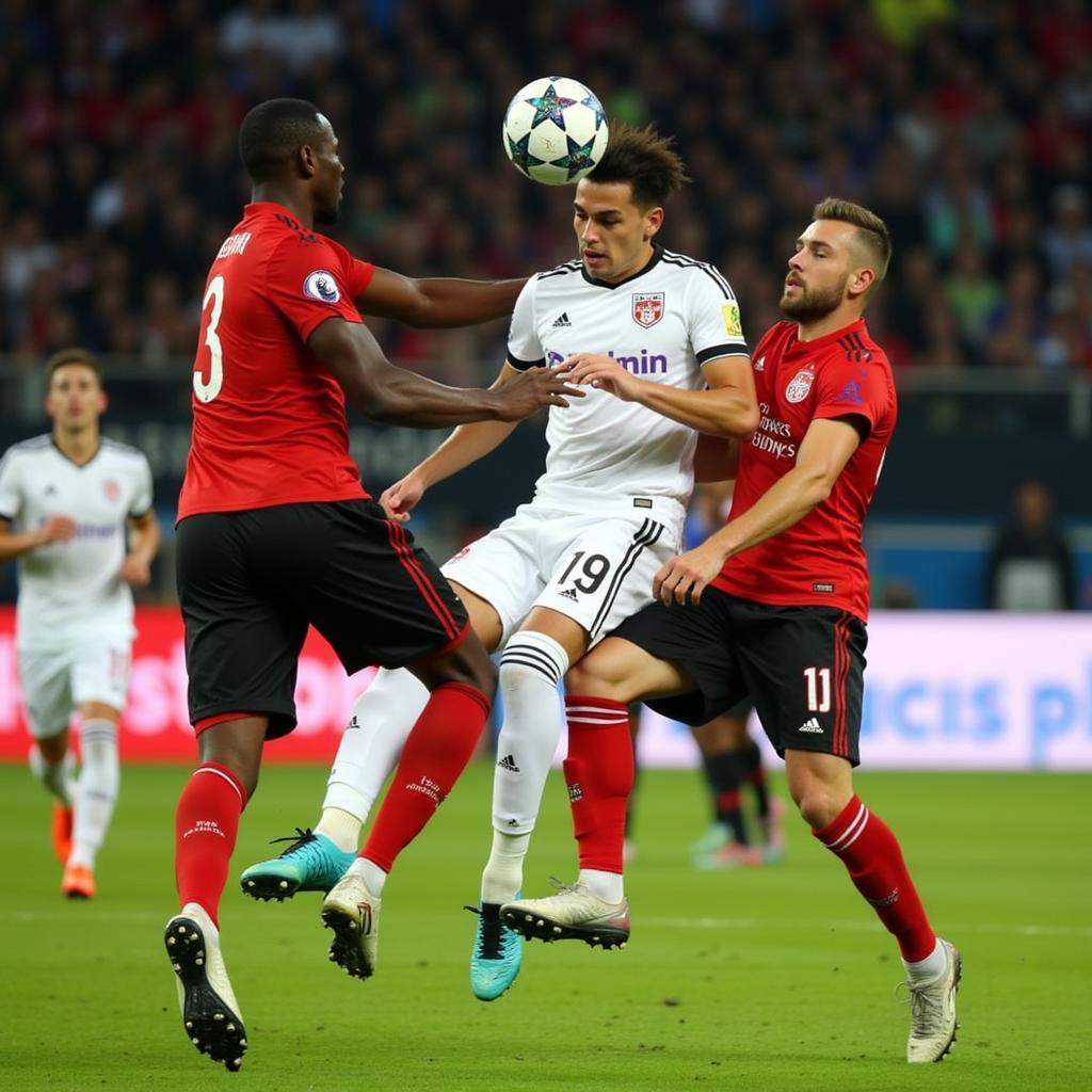 Spannende Szene beim Spiel Augsburg gegen Leverkusen:  Spieler beider Mannschaften kämpfen um den Ball.