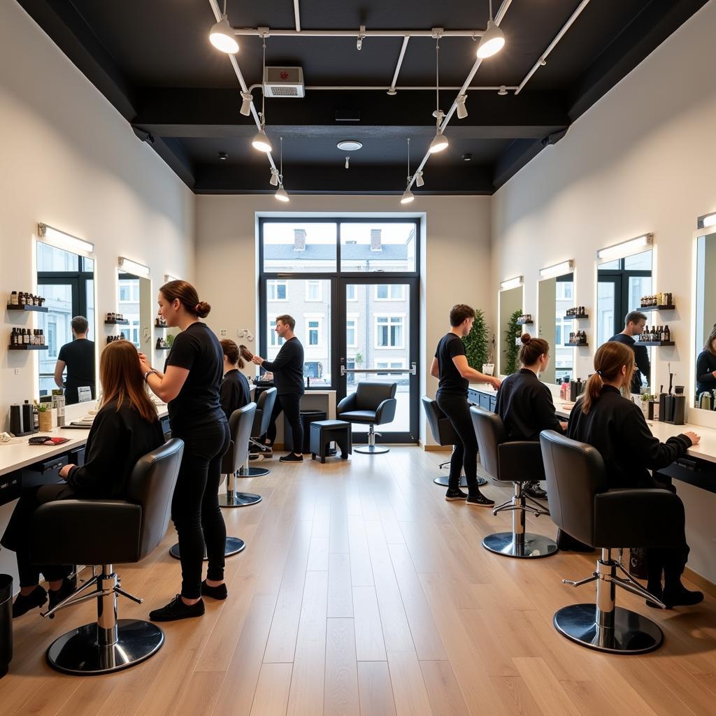 Friseursalon in Leverkusen mit modernen Einrichtungen und Auszubildenden bei der Arbeit