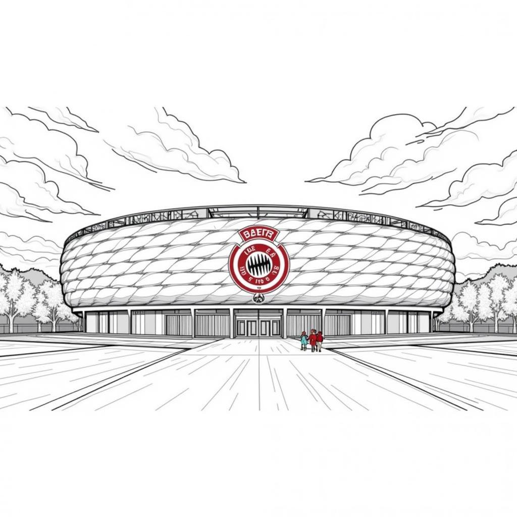 Ausmalbild mit dem BayArena Stadion und dem Leverkusen Wappen