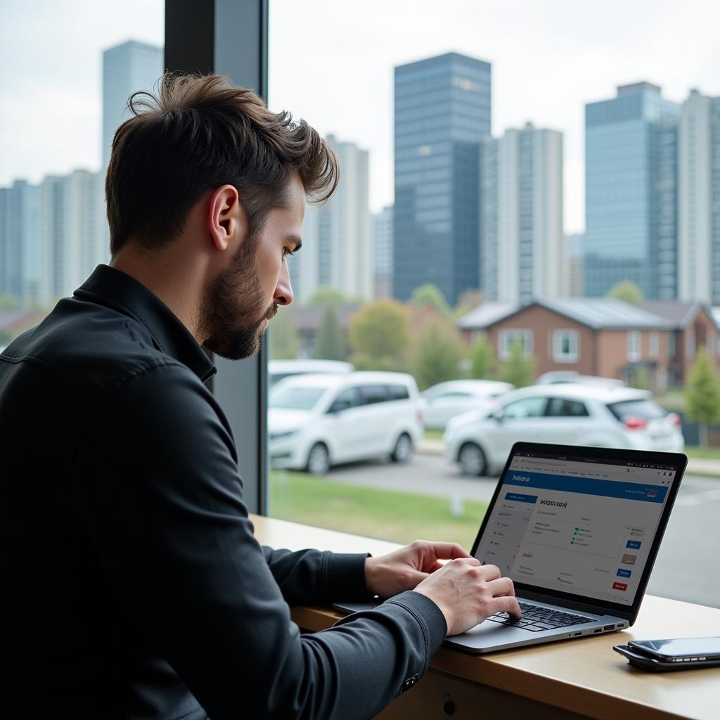 Auto mieten Preisvergleich Leverkusen: Ein Mann vergleicht Preise auf seinem Laptop.