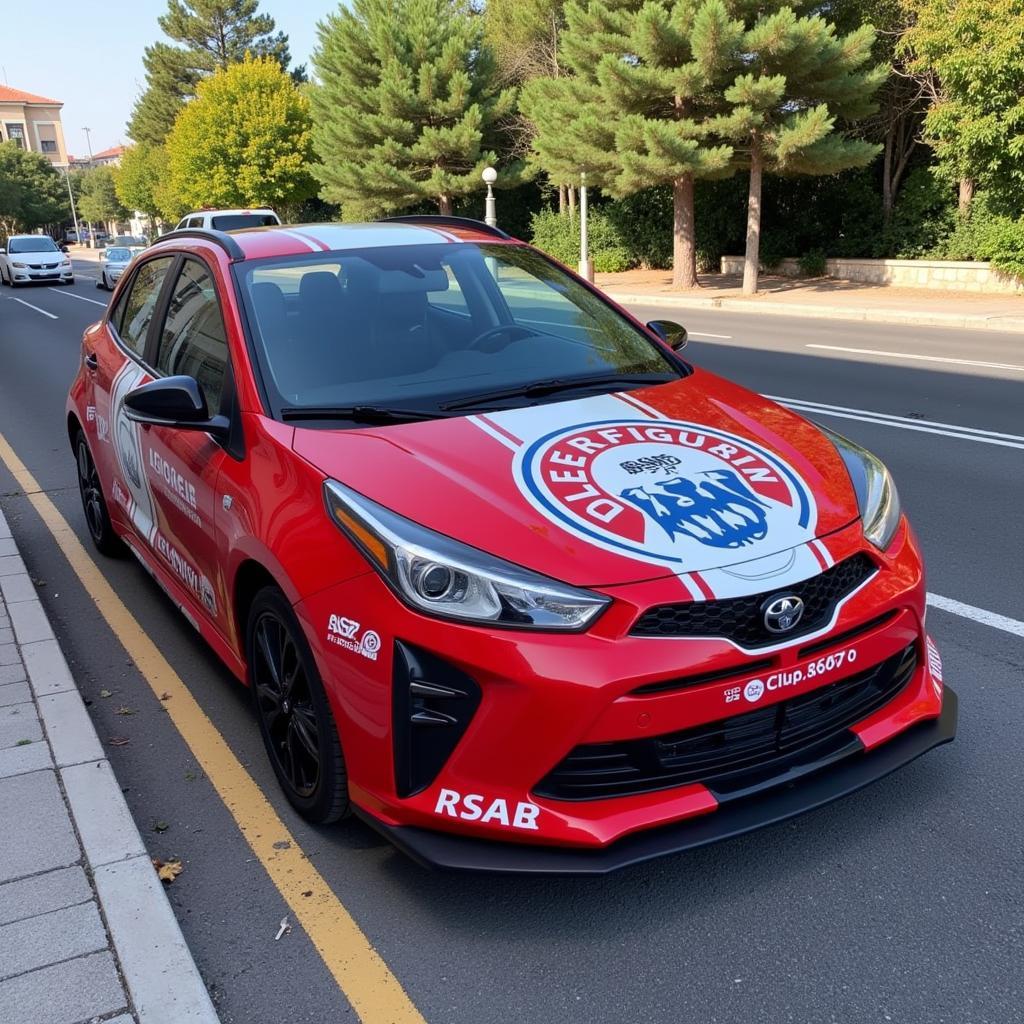 Autolackierter Fanwagen in Leverkusen-Farben