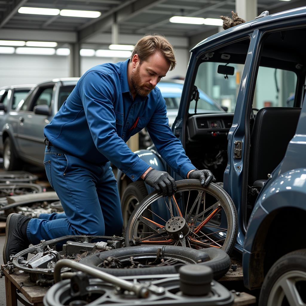 Demontageprozess in der Autoverwertung Leverkusen