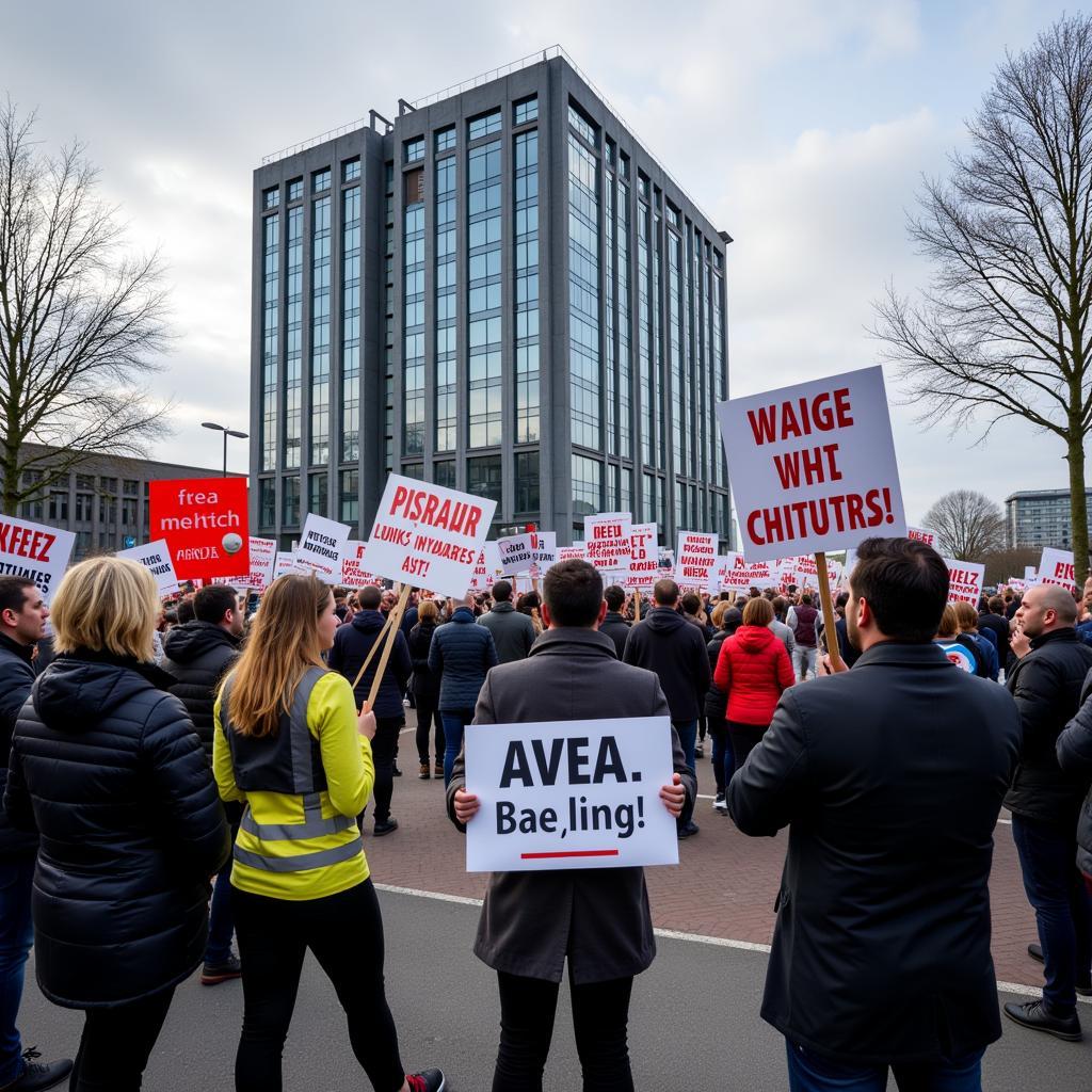 Mitarbeiter protestieren vor dem Avea Gebäude in Leverkusen