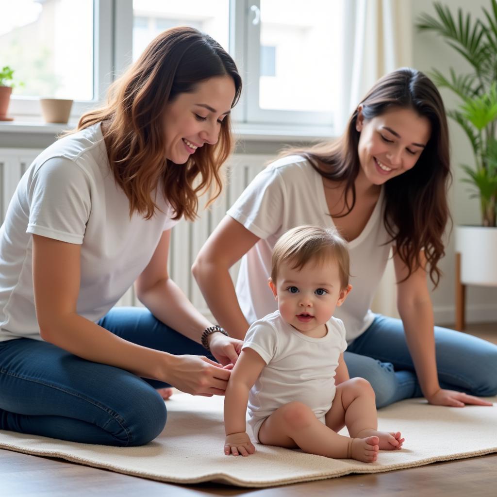 Eltern und Babys interagieren beim Babyturnen