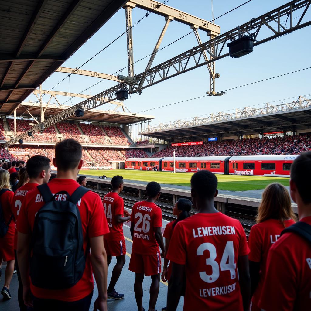 Ankunft der Fans mit der Bahn am Stadion BayArena in Leverkusen