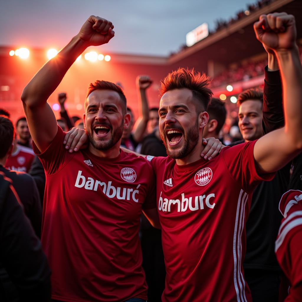 Bamberg Leverkusen Fußballfans feiern gemeinsam.