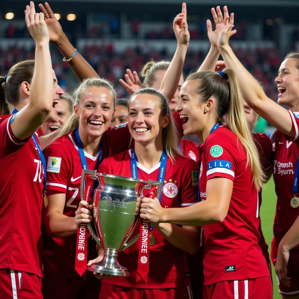 Barbara Peters feiert einen Titelgewinn mit Bayer 04 Leverkusen