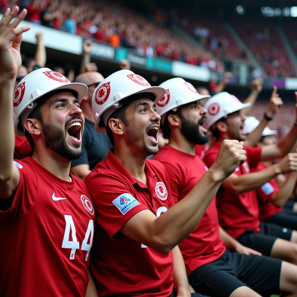 Bayer 04 Leverkusen Fans mit Bauarbeiterhelmen im Stadion