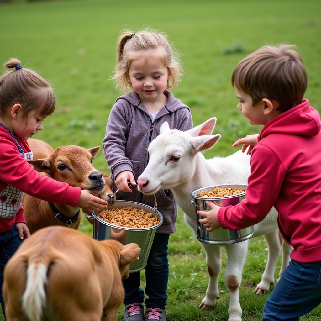 Kinder füttern Tiere auf einem Bauernhof in Leverkusen