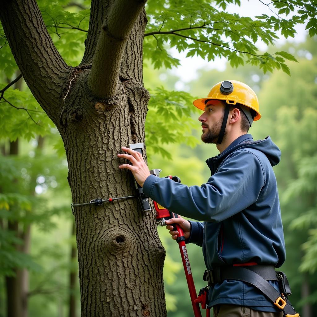 Baumsachverständiger kontrolliert Baum in Leverkusen