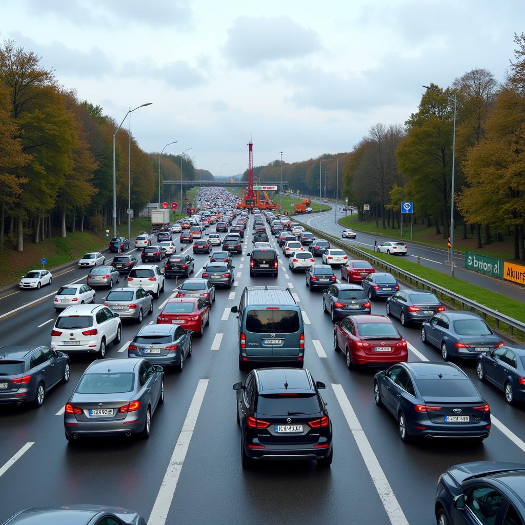 Verkehrsstau am Autobahnkreuz Leverkusen während der Bauarbeiten