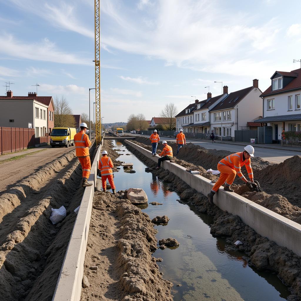 Baustellenarbeiter arbeiten an einem Infrastrukturprojekt in Leverkusen Rheindorf