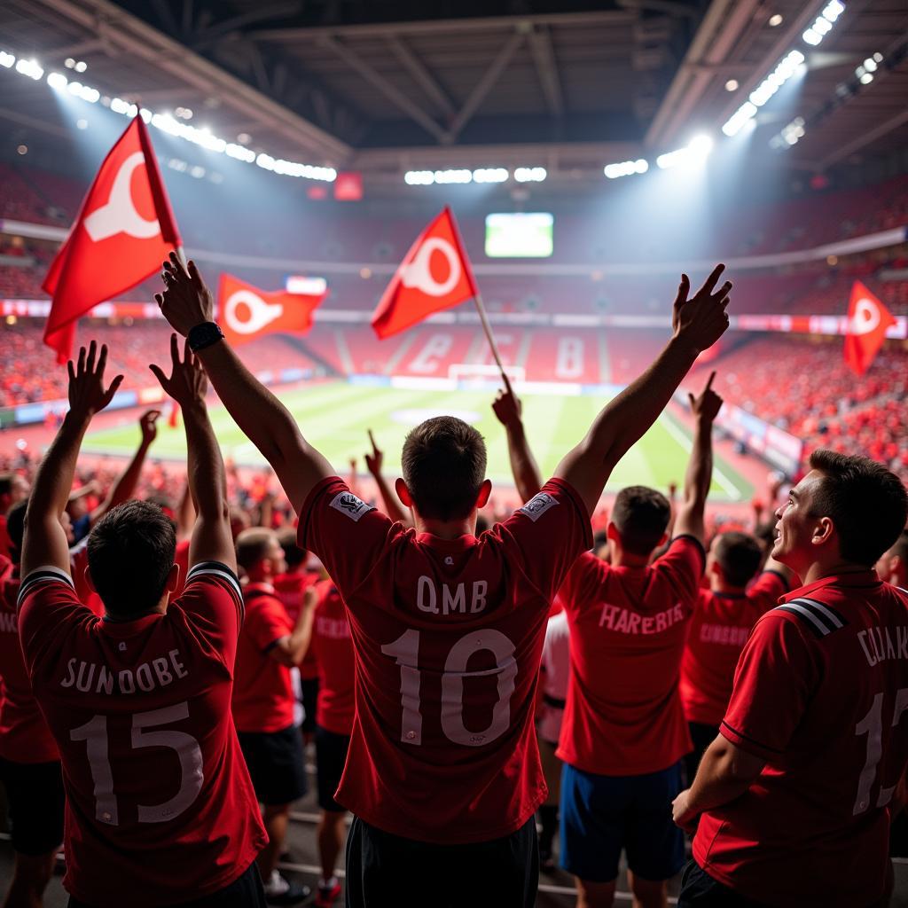 Bayer 04 Leverkusen Fans feiern im Stadion BayArena.