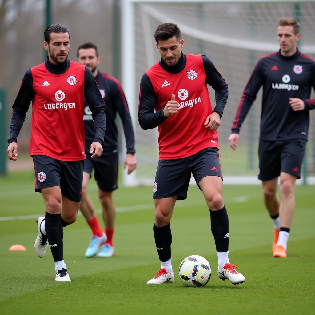 Spieler von Bayer 04 Leverkusen trainieren auf dem Platz.