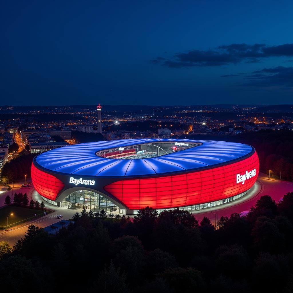 Die BayArena an der Bergerweide Leverkusen in der Nacht.