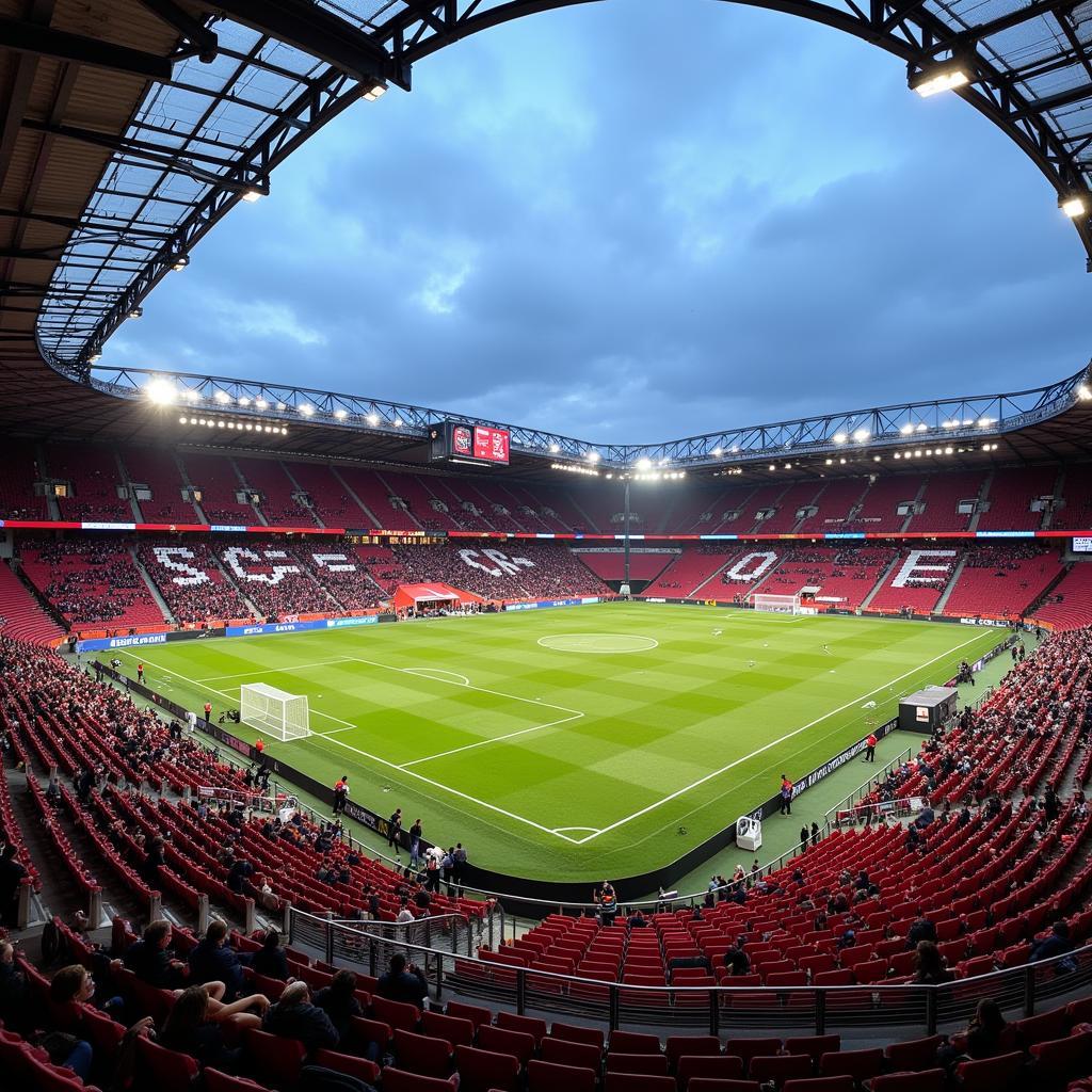 BayArena auf der Grieße 63 Leverkusen: Ein Blick auf das imposante Stadion der Werkself.