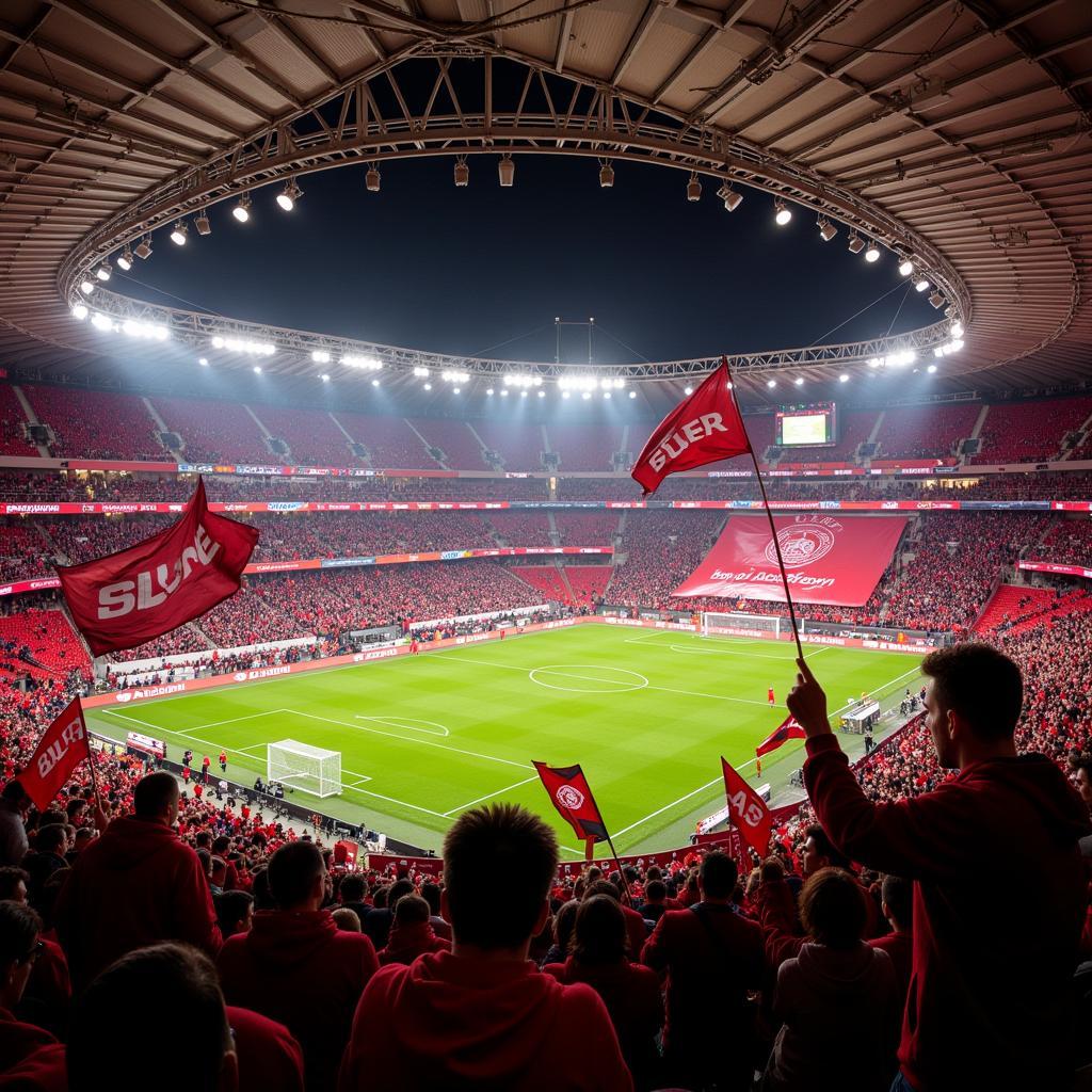 Lebendige Fan-Atmosphäre in der BayArena bei einem Bayer Leverkusen Spiel