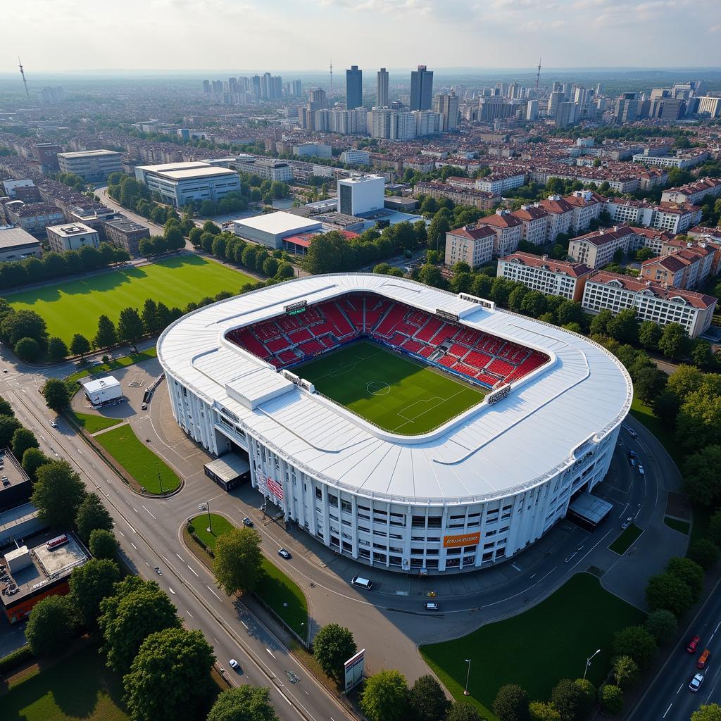 Luftbild der BayArena und der Kalkstraße