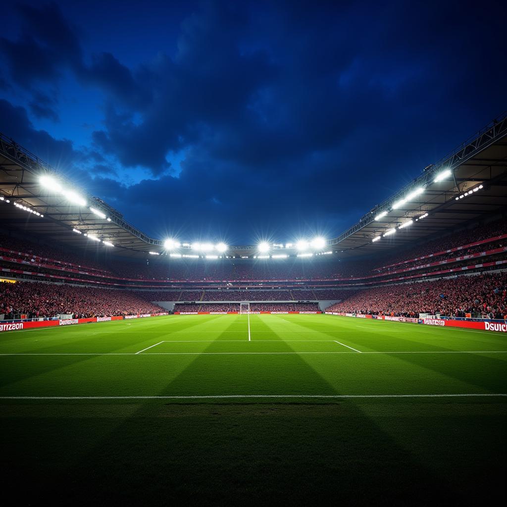 Die BayArena in Leverkusen 51373 erstrahlt im Flutlicht.