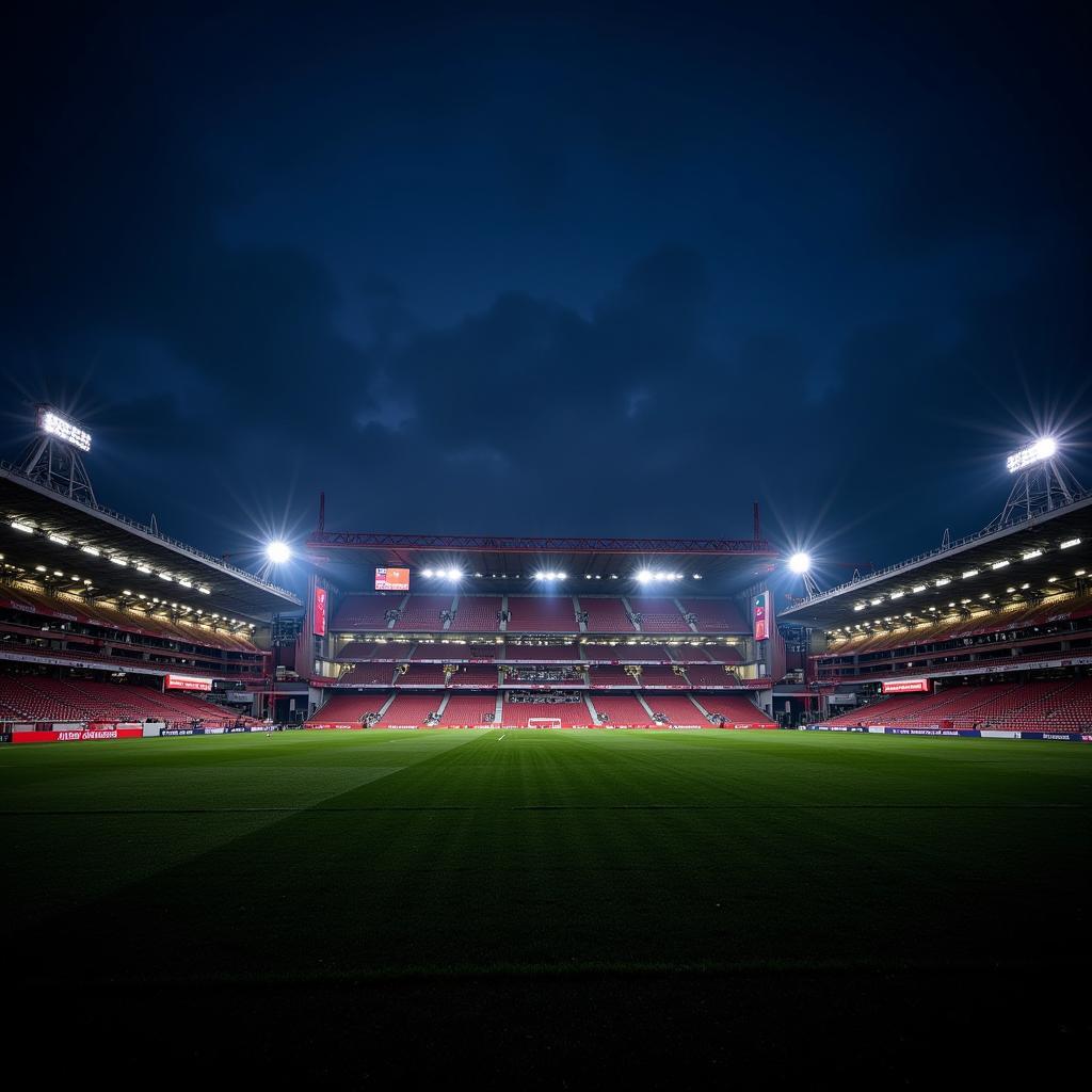 Aussenansicht der BayArena in Leverkusen bei Nacht mit Flutlicht.