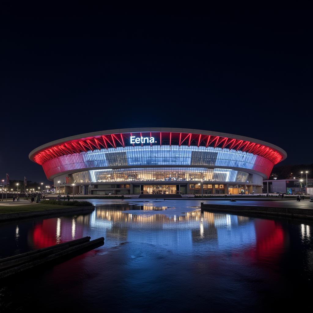 Aussenansicht der BayArena bei Nacht