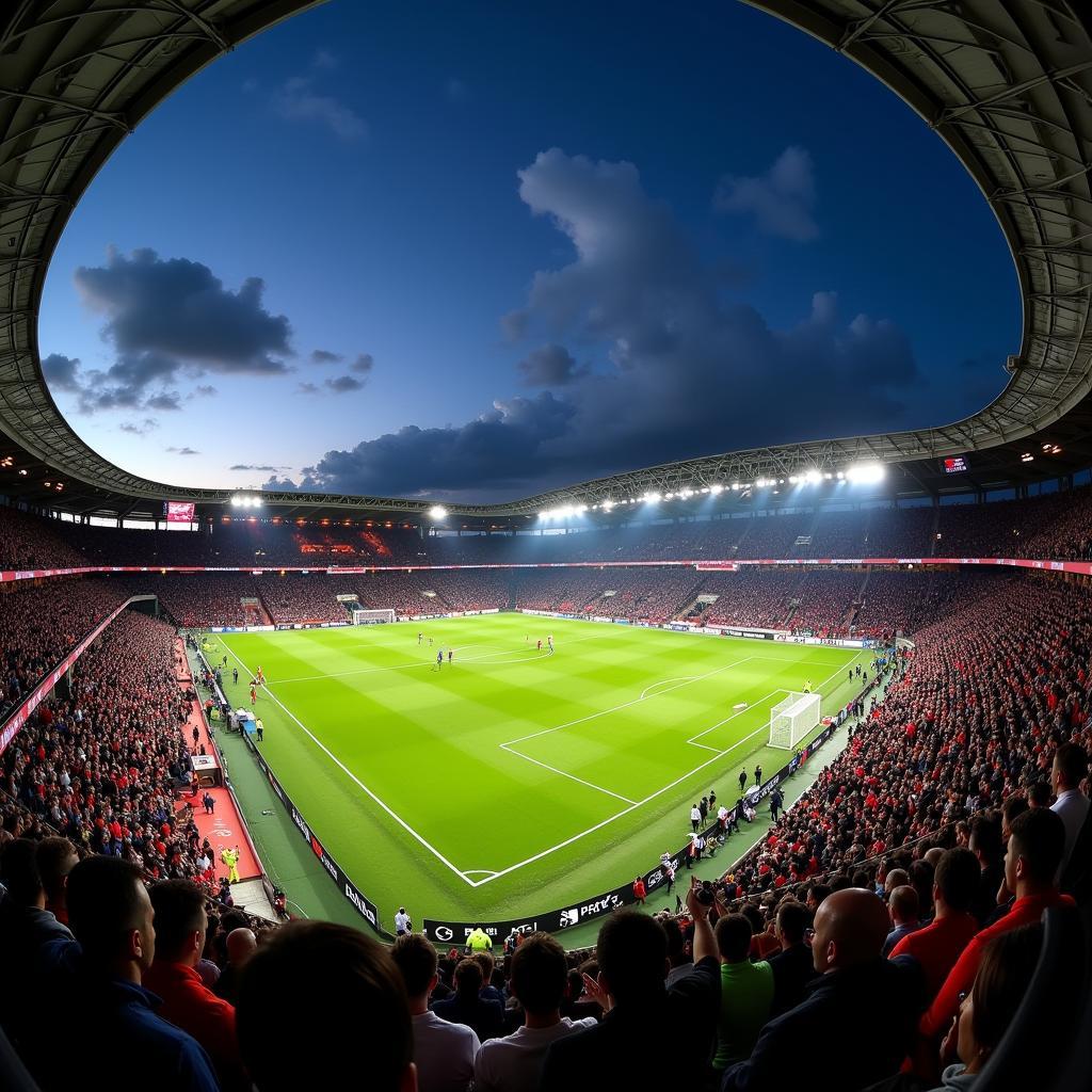 Panoramablick auf die BayArena während eines Live-Spiels.