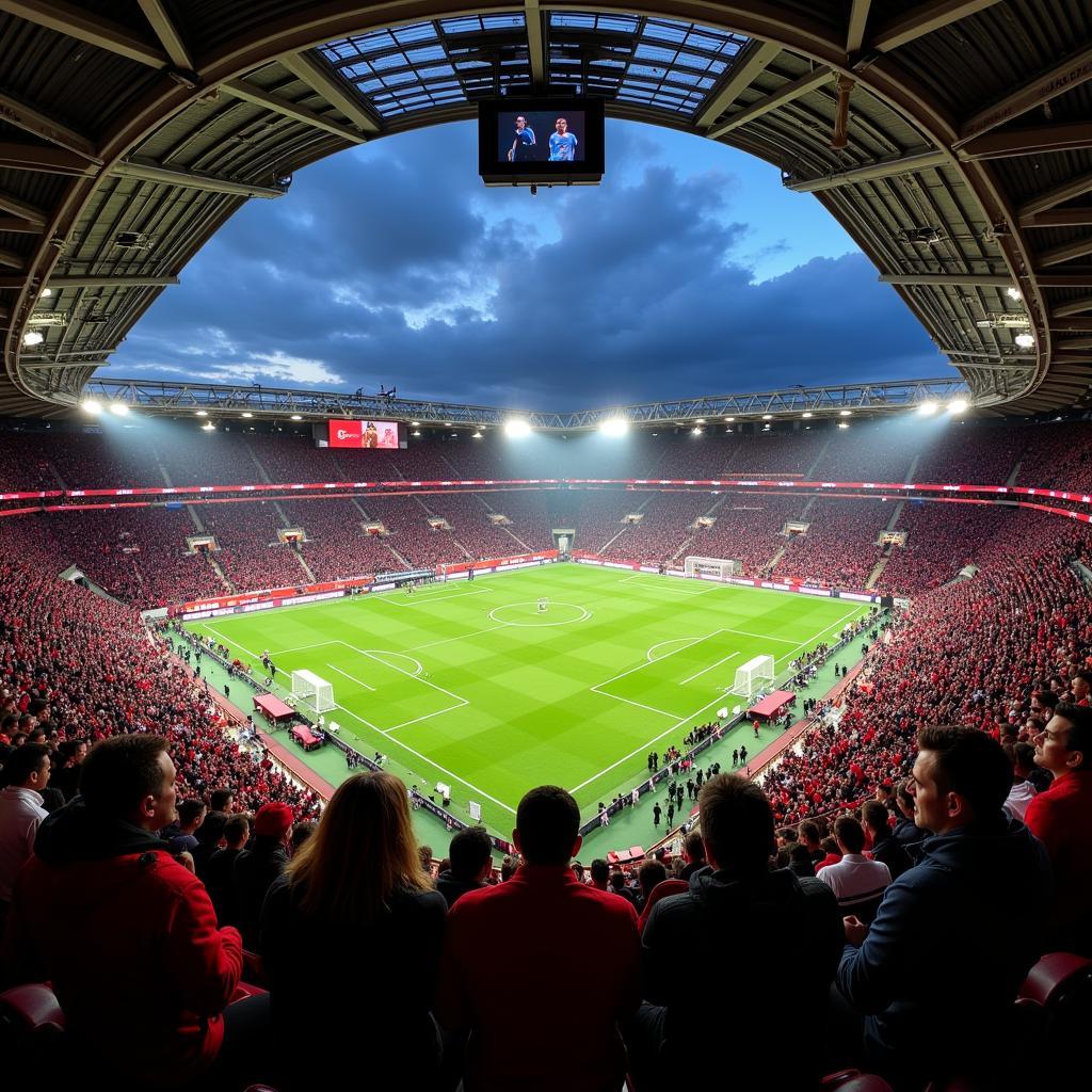 Innenansicht des Leverkusen Stadiums - BayArena gefüllt mit jubelnden Fans.