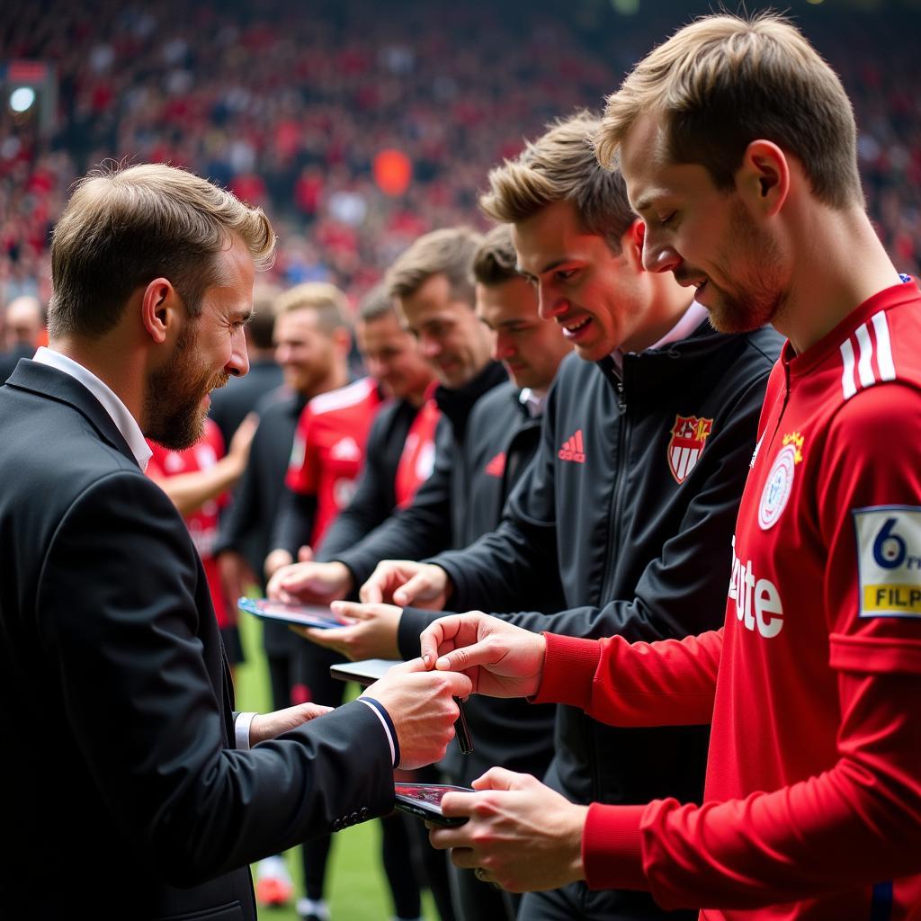 Spieler interagieren mit den Fans nach dem Spiel in der BayArena