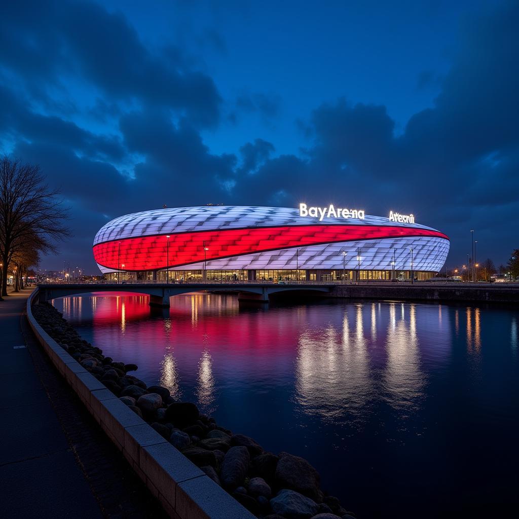 Die BayArena, Heimatstadion von Bayer 04 Leverkusen, erstrahlt im Abendlicht.