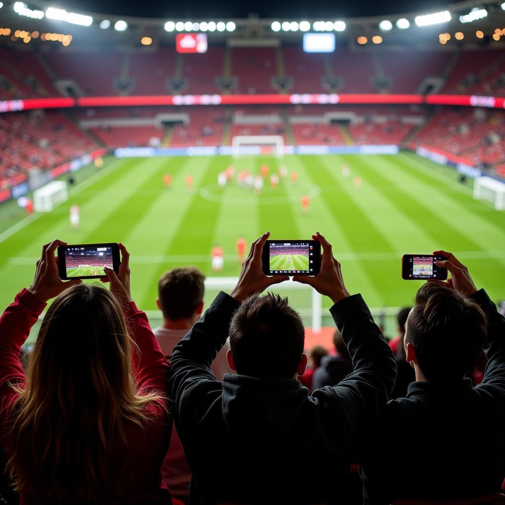 Bayer 04 Fans im Stadion mit Digitalkameras und Smartphones