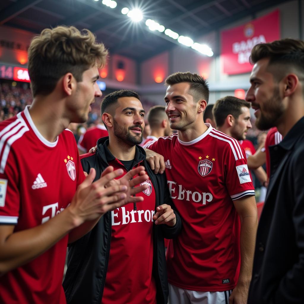 Fans von Bayer 04 Leverkusen und FC Twente Enschede im Austausch