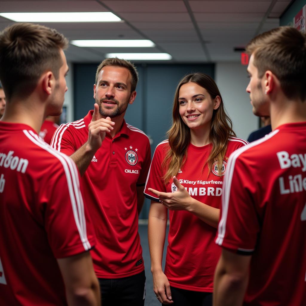 Bayer 04 Leverkusen Fanbetreuer im Dialog mit Fans