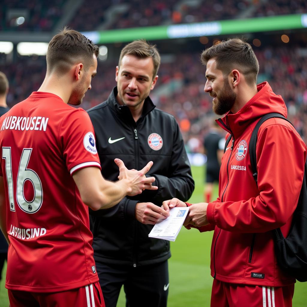 Bayer 04 Leverkusen Fanbetreuer unterstützen Fans bei einem Auswärtsspiel