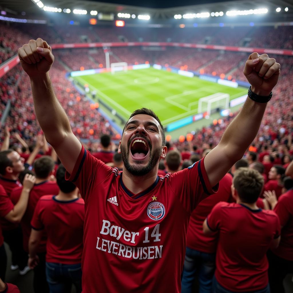 Fans von Bayer 04 Leverkusen feiern einen Sieg im Stadion, unterstreicht die Leidenschaft der Fans und die Bedeutung der Live-Übertragungen.