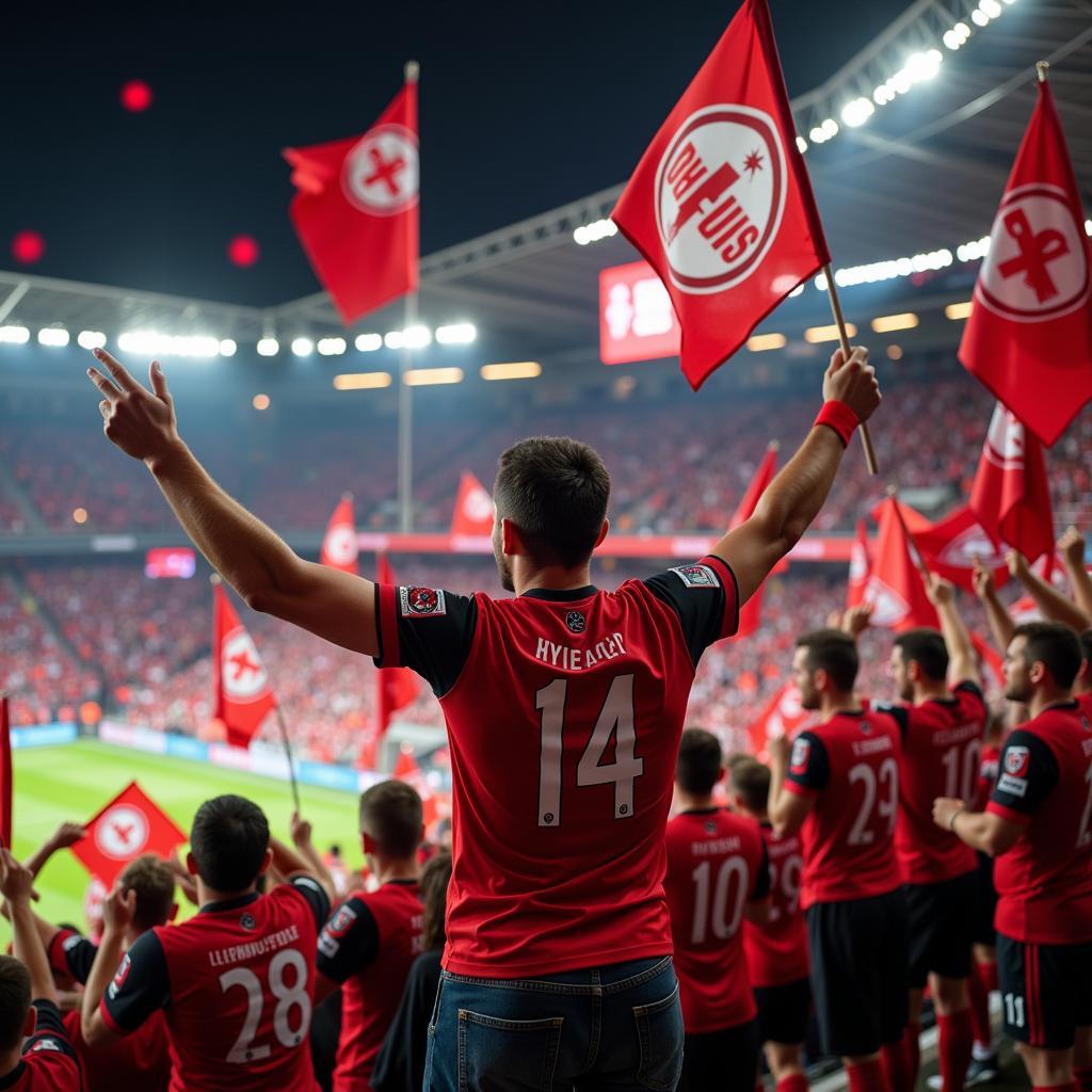 Fans von Bayer 04 Leverkusen feuern ihre Mannschaft im Stadion an.