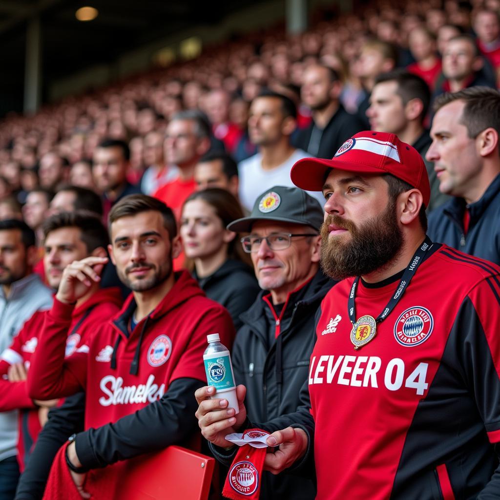 Bayer 04 Leverkusen Fans im Stadion mit Fanartikeln