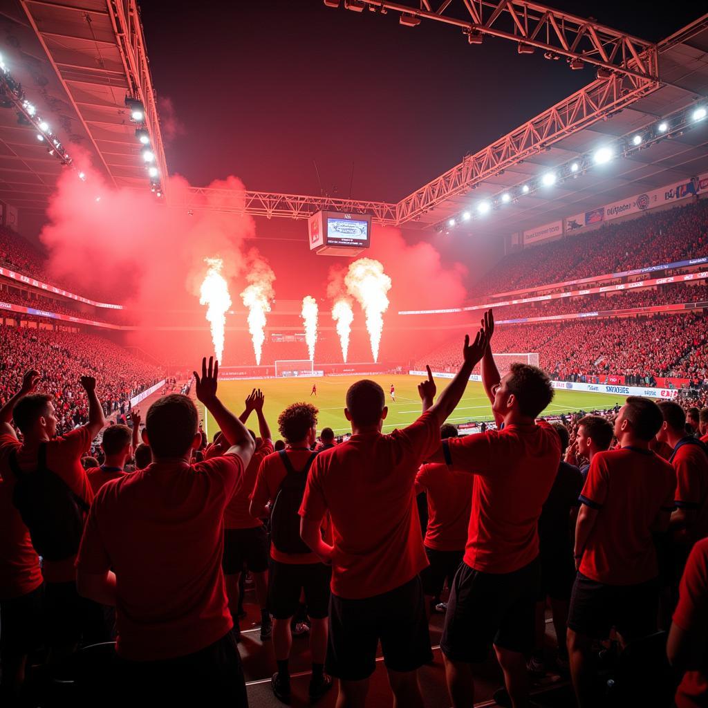 Fans von Bayer 04 Leverkusen feiern ein Tor in der BayArena