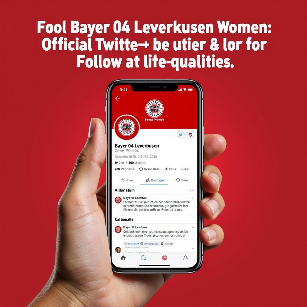 Bayer 04 Leverkusen Frauen Twitter auf dem Smartphone: Hand hält ein Smartphone mit geöffneter Twitter-App und dem Profil der Bayer 04 Leverkusen Frauen.